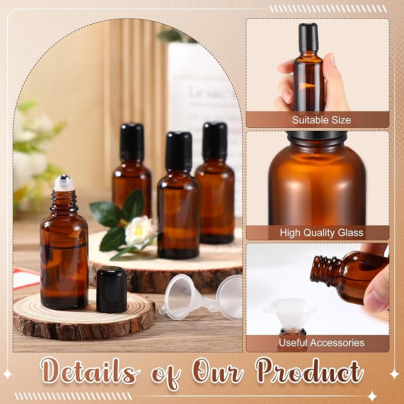 Amber 30 ml Roller Bottle Set - 24 Amber Glass Roll-On Bottles with Funnels & Labels