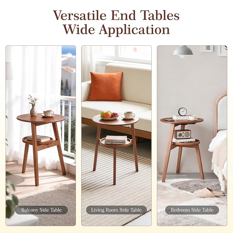 2-Tier Round Bamboo Side Table Brown-1 | Mid Century Modern End Table