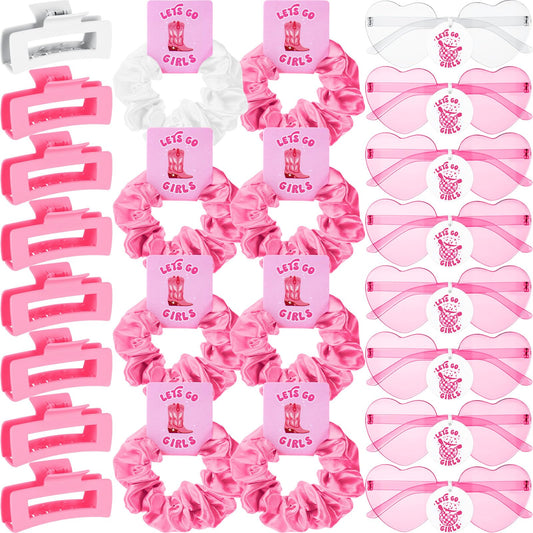 Hoteam 24 Pcs Let's Go Girls Cowgirl Bachelorette Party Favors Decorations Include Satin Scrunchies Heart Sunglasses Hair Claw Clips for Wedding Bridal Shower Party(Pink)