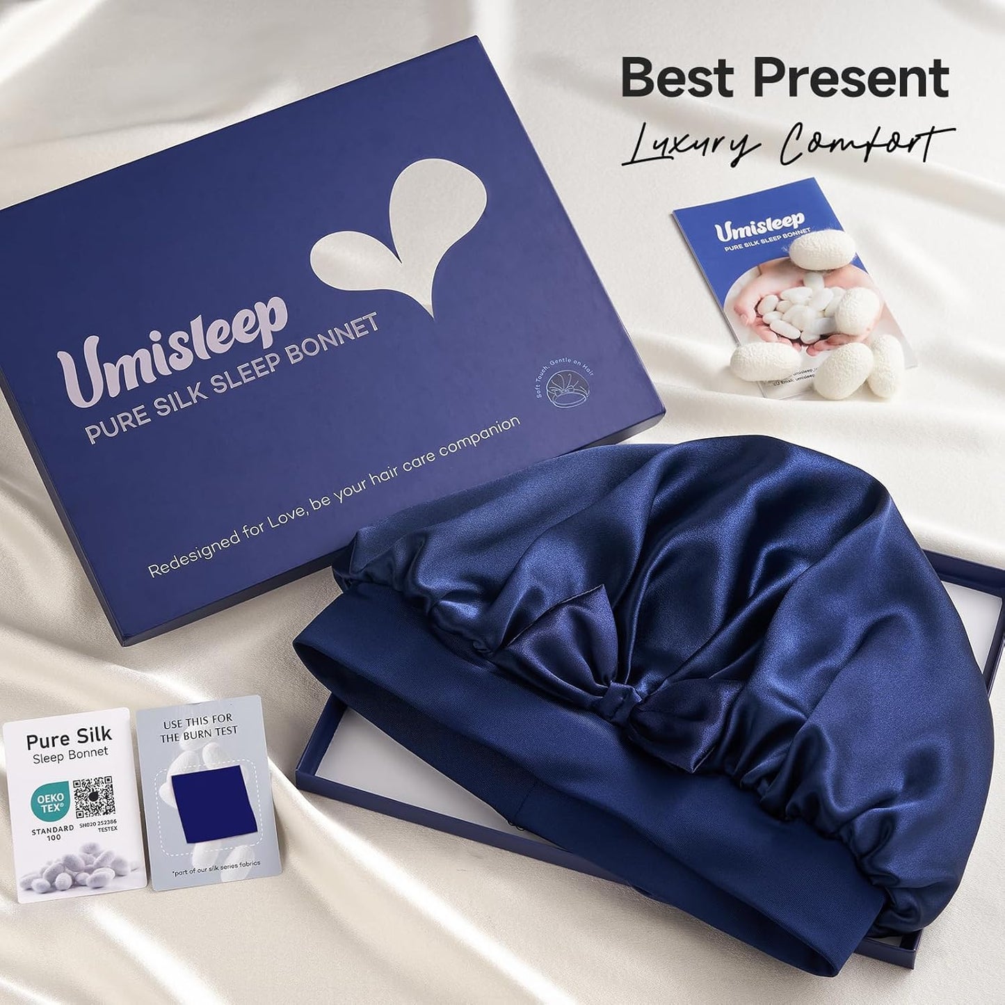 22 Momme Mulberry Silk Bonnet for Women - Double-Sided Non-Slip Sleep Cap for Long Curly Hair, Adjustable Band, Ebony