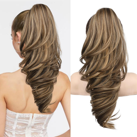 SEIKEA Ponytail Extension, 18" Wavy Claw Clip in Hair Extensions for Women, Lightweight Fluffy Synthetic Ponytail Hairpiece, Natural Soft & Easy to Wear, for Short & Medium Hair Choco-Brown/Highlight