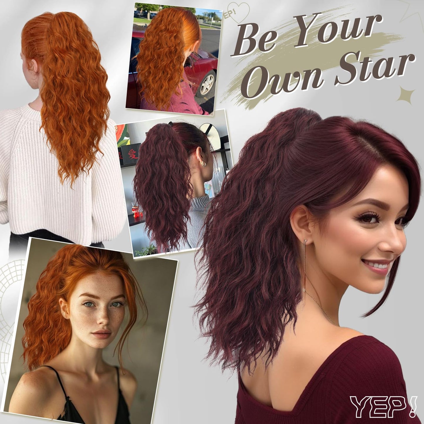 BARSDAR Red Ponytail Extension - 18 Inch Claw Clip Ponytail Hair Extensions for Women - Curly Wavy Multi Layered Synthetic Clip in Ponytail Hairpieces Daily Party Halloween - Dark Burgundy