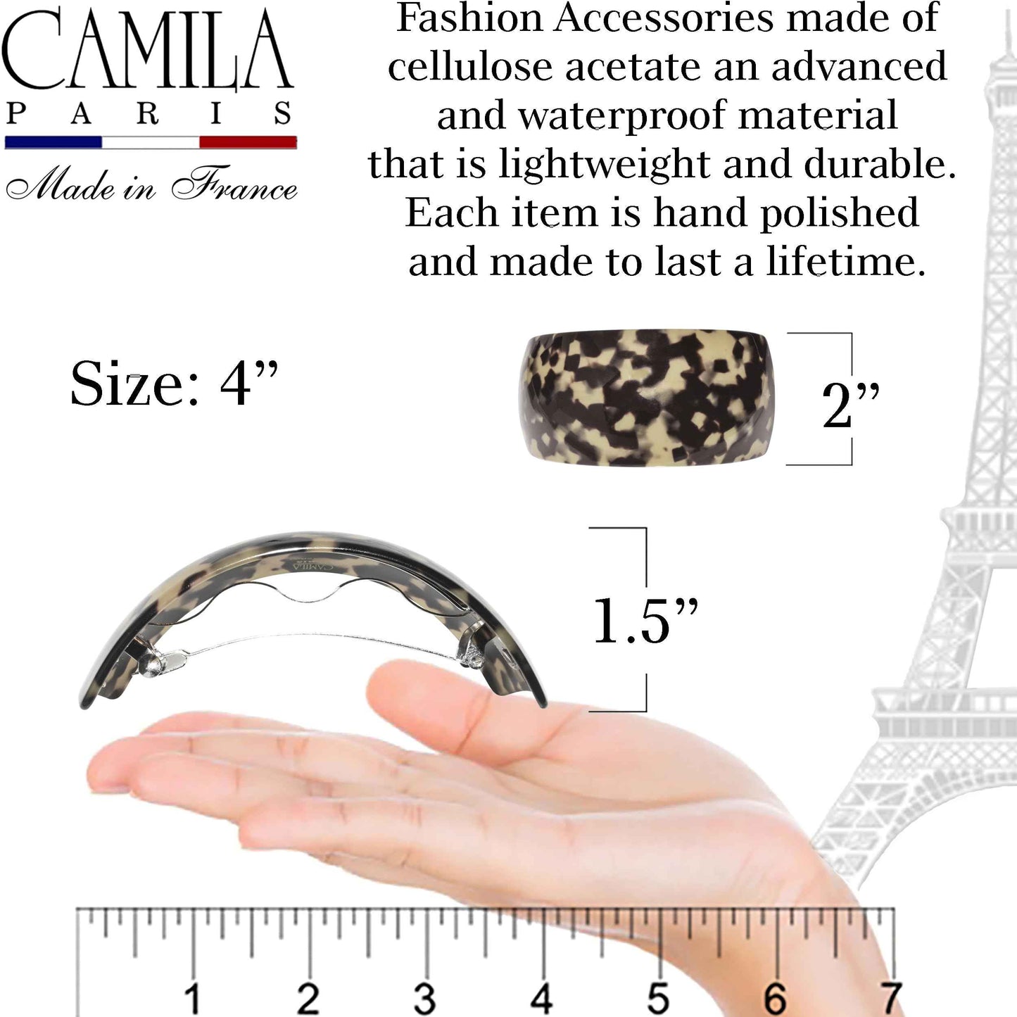 Camila Paris CP3618 French Hair Barrette Clip for Girls for Thick Curly Wavy Long Hair, Strong Hold Grip Hair Clips for Women, Automatic, No Slip Styling Girls Hair Accessories, Handmade in France