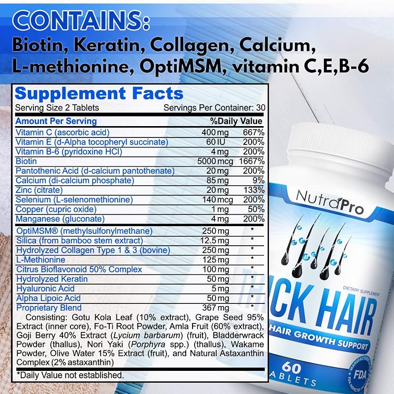 NutraPro Thick Hair Growth Vitamins 60 Count – Biotin, Keratin & Collagen Hair Pills