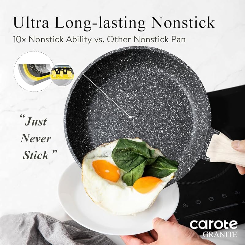 CAROTE Non Stick Frying Pan, Black 8"+10"+12" Granite Skillet Set