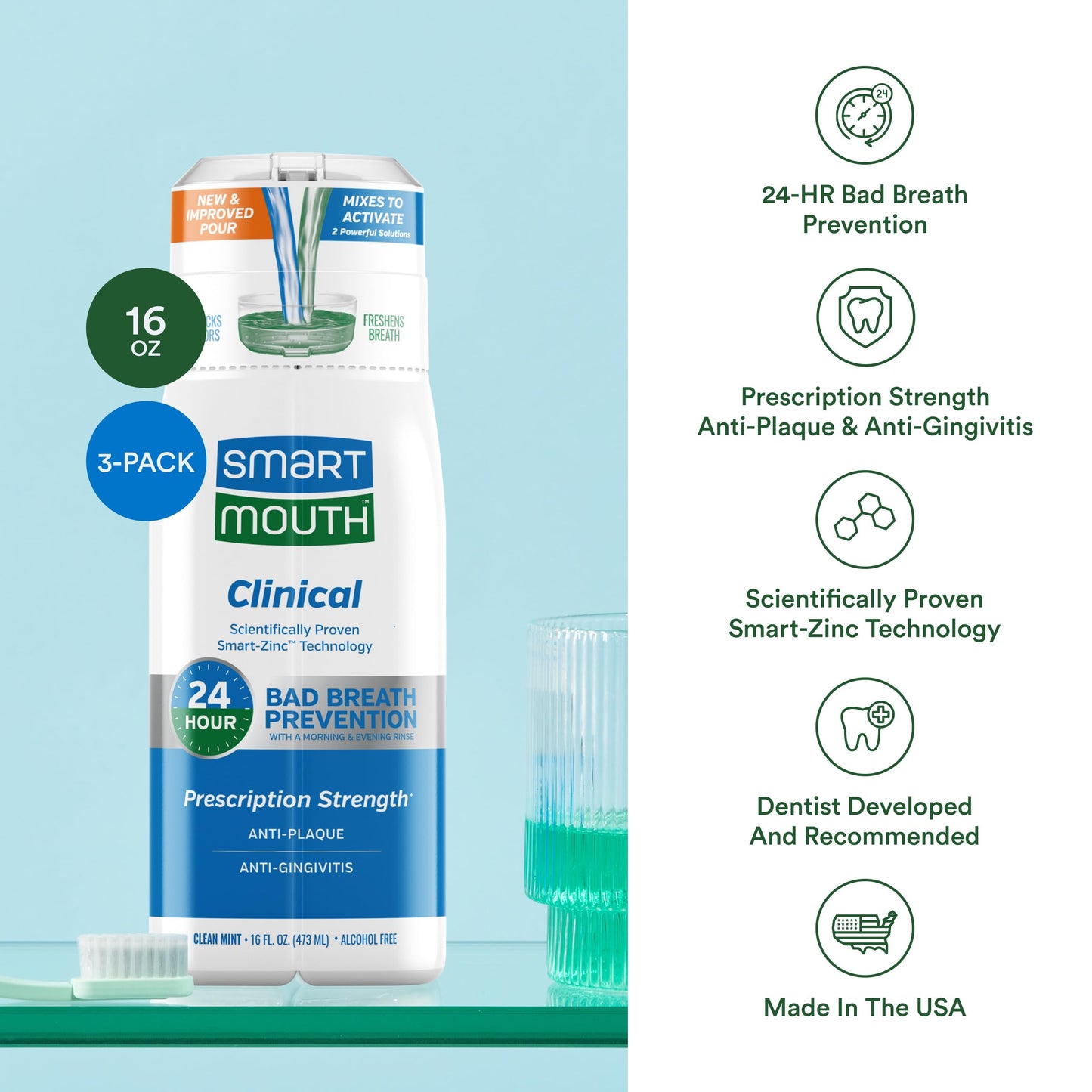 SmartMouth DDS Activated Clinical Mouthwash - for Fresh Breath - Clinical Strength Mouthwash for Gum Health, Gingivitis & More - Clean Mint Flavor, 16 fl oz (3 Pack)