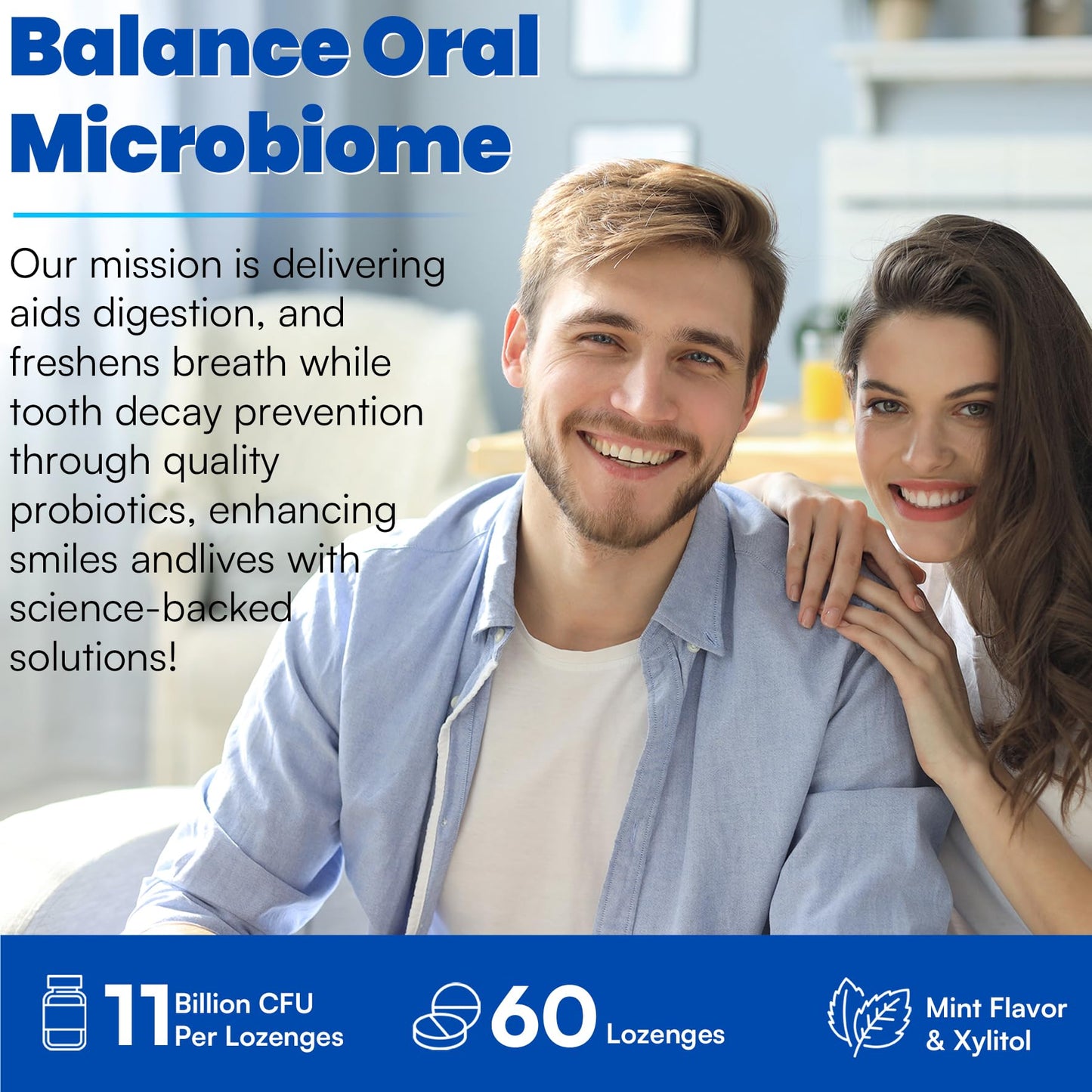 Oral Probiotics, 11 Billion CFU, with M18, A12, Oral Probiotics for Mouth Bad Breath for adults, Dry Mouth, Gum Health & Gum Restore, Chronic Halitosis, Fresh Breath, 60 Lozenges (Mint Flavor)