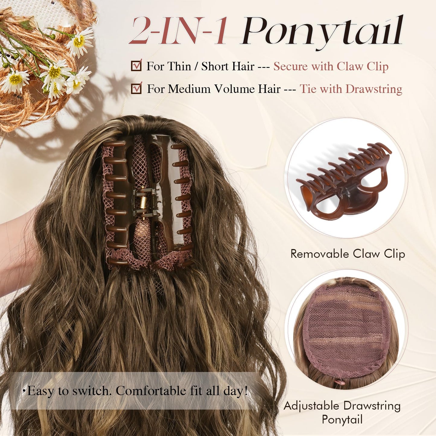 SOFEIYAN Ponytail Extension, 16 inch Claw Clip Ponytail Extension Wavy Curly Ponytails Synthetic Pony Tails Hair Extensions Natural Fake Hairpiece for Women - Honey Blonde Mixed Light Brown