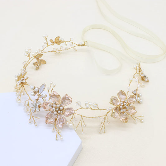Oriamour Bridal Headpieces Flower Design With Pearls Wedding Headbands Hair Vines For Brides Women Girls Wedding Party (Gold)