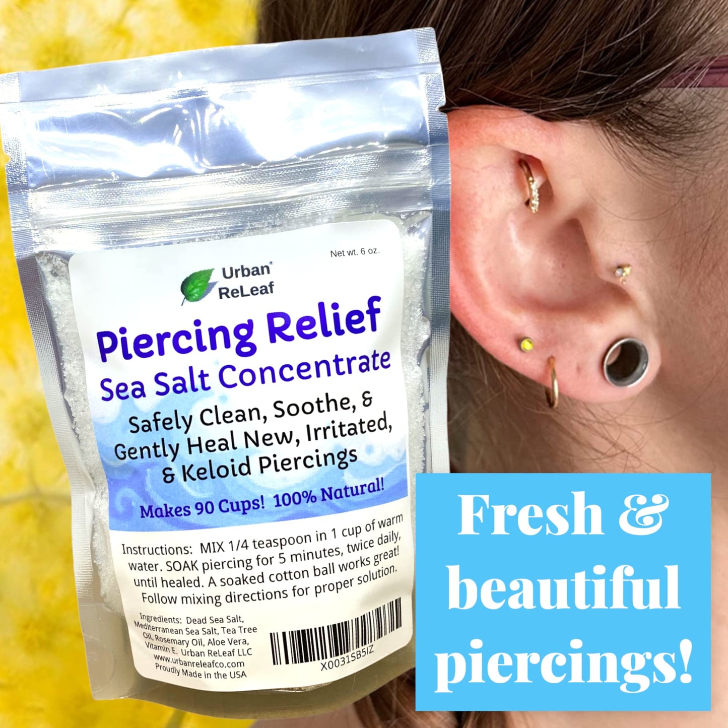 Urban ReLeaf Piercing Relief Sea Salt Concentrate AFTERCARE 6 oz. Bag! Makes 90 Cups! Safely Clean, Soothe, Gently Calm Irritated & Keloid Bump Piercings. Dead Sea Salt, Tea Tree, Rosemary