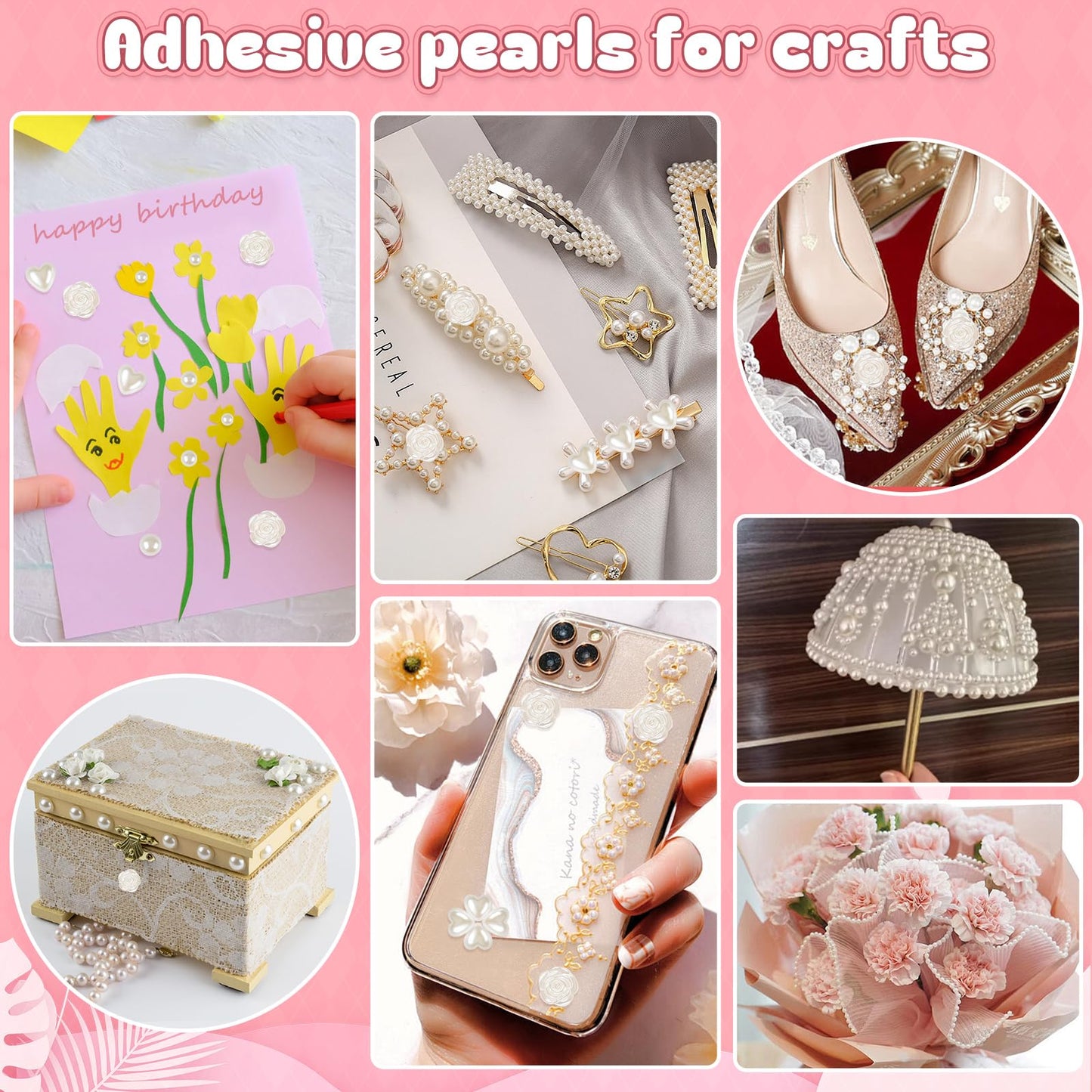 GIFOHAPY 4366 PCS Self Adhesive Pearl Stickers，Pearl Stickers for Crafts Kids，Assorted Sizes & Shape Stick on Pearls for Hair, Face, Makeup, Eye 3mm/4mm/5mm/6mm/8mm/10mm/Rose/Heart Shape