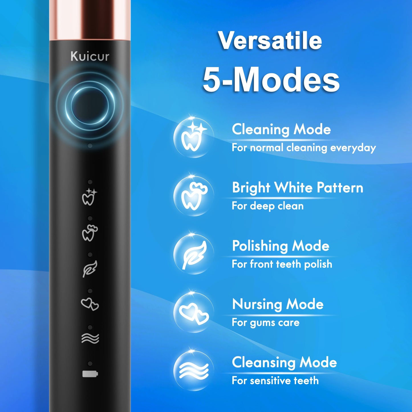 Sonic Electric Toothbrush for Adults and Kids, Comes with 10 Brush Heads & Travel Case, 5 Modes with 2 Minutes Built in Smart Timer, One Charge for 90 Days, 42,000 VPM Motor (Black)