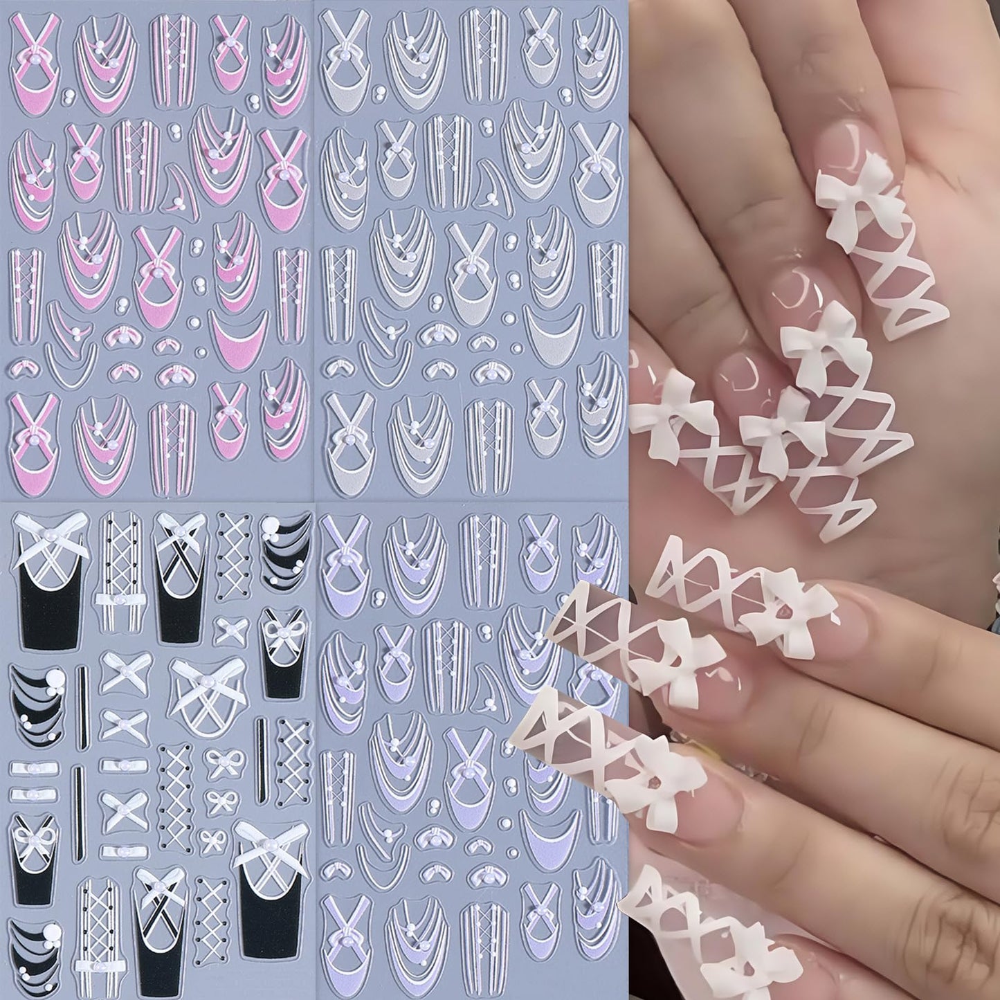 4Pcs Colorful Bow Lace Nail Art Stickers 5D Embossed Pearl Nail Decals Nail Stickers for Nail Art French Romantic Bow French Line Nail Design Nails Accessories Pearl Stripes Nails Supplies for Women