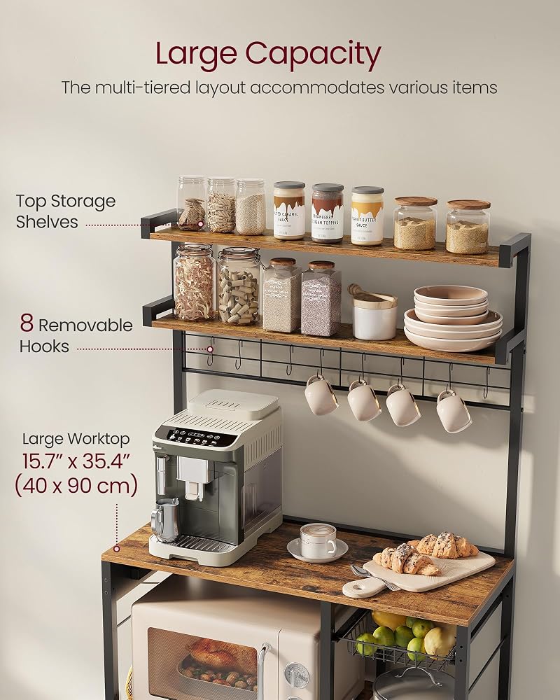 VASAGLE Rustic Brown 35.4W Baker's Rack with Power Outlet, 2 Lower Shelves & 8 Hooks