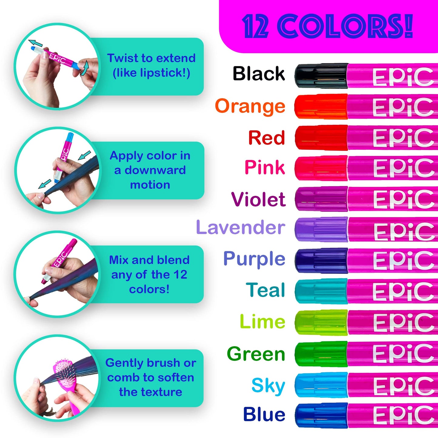 EPIC Hair Chalk for Girls & Boys - 12 Large Pens - Dust Free Wax Hair Crayons - Temporary Hair Color for Kids - Washable - Non Toxic - Easter Basket Stuffer Gift Idea
