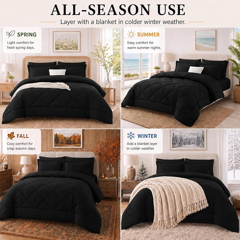 King Comforter Set 102x90 Black - 7 Piece Bedding Set, CozyLux - Variation: Black+King(102x90)