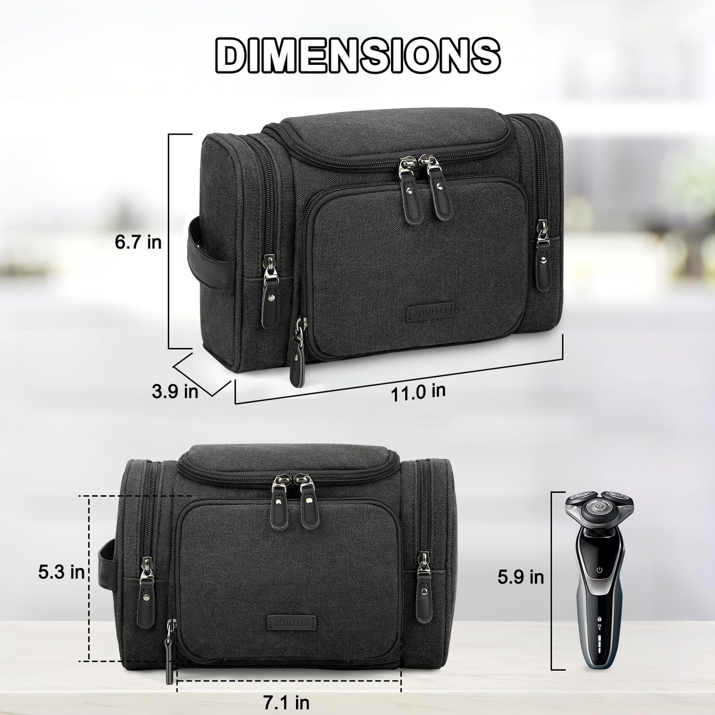 ZOMFELT Travel Toiletry Bag for Men, Canvas Toiletry Dopp Kit Organizer with Wet Pocket, Water-resistant Multiple Pockets Shaving Bag for Gym Essentials and Toiletries Accessories, Black