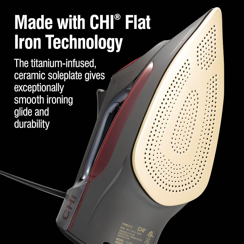 CHI 1700W Steam Iron for Clothes with Titanium-Infused Ceramic Soleplate - Retractable Cord, Black & Titanium