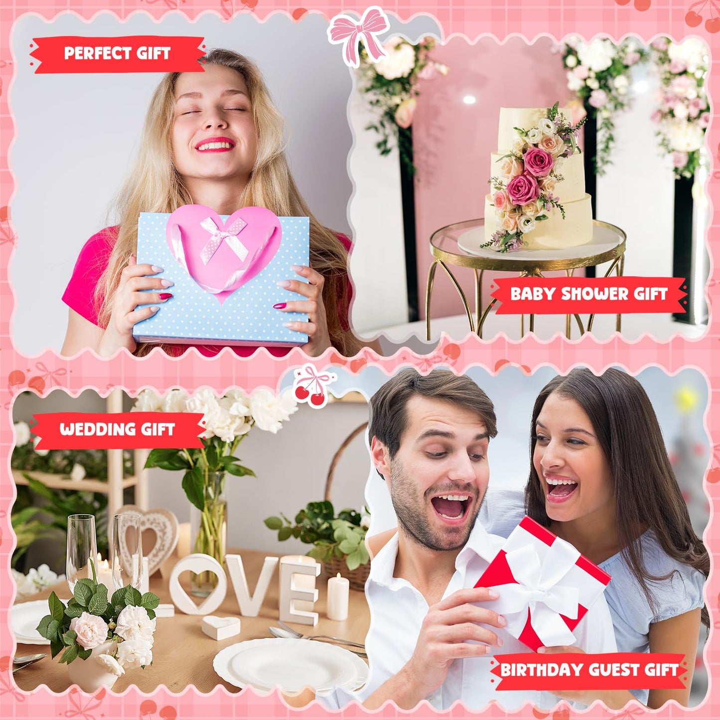 Kacctyen 6 Pcs Pink Cherry Bow Coquette Makeup Bag Cute Cherry Bow Canvas Cosmetic Bag for Women Girly Preppy Makeup Bag with Zipper Aesthetic Travel Stuff Small Pouch Gift for Birthday Party Favor