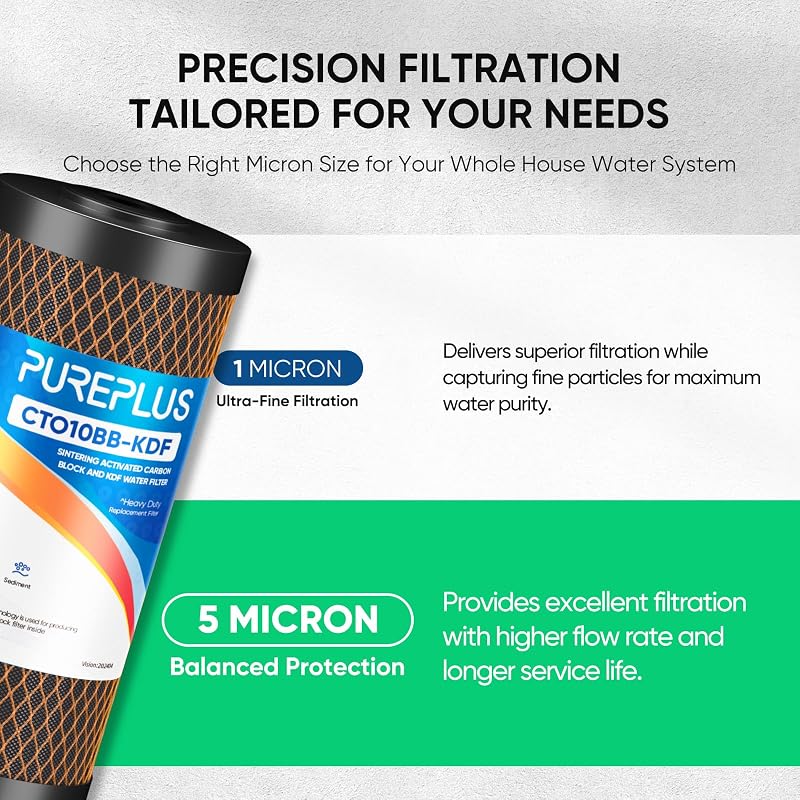 PurePlus 5 Micron 10x4.5 in Water Filter Cartridges Pack of 2 with KDF & Activated Carbon