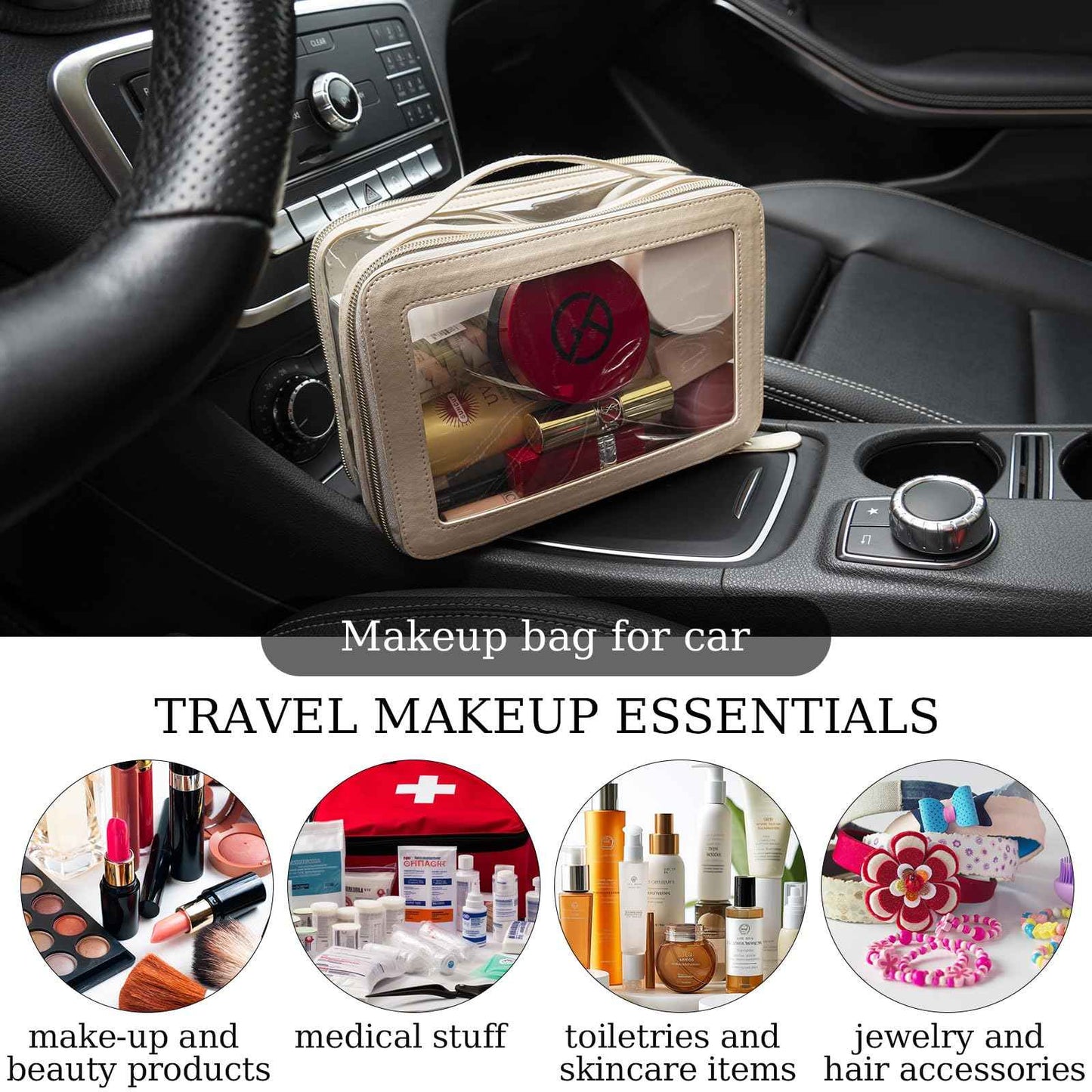 DIYOOHOMY Clear Makeup Bag Double Layer Two Sided With Zipper White Cosmetic Small Make Up Case Compartments Brush Travel Leather Toiletry Women Organizer Transparent Waterproof Pouch