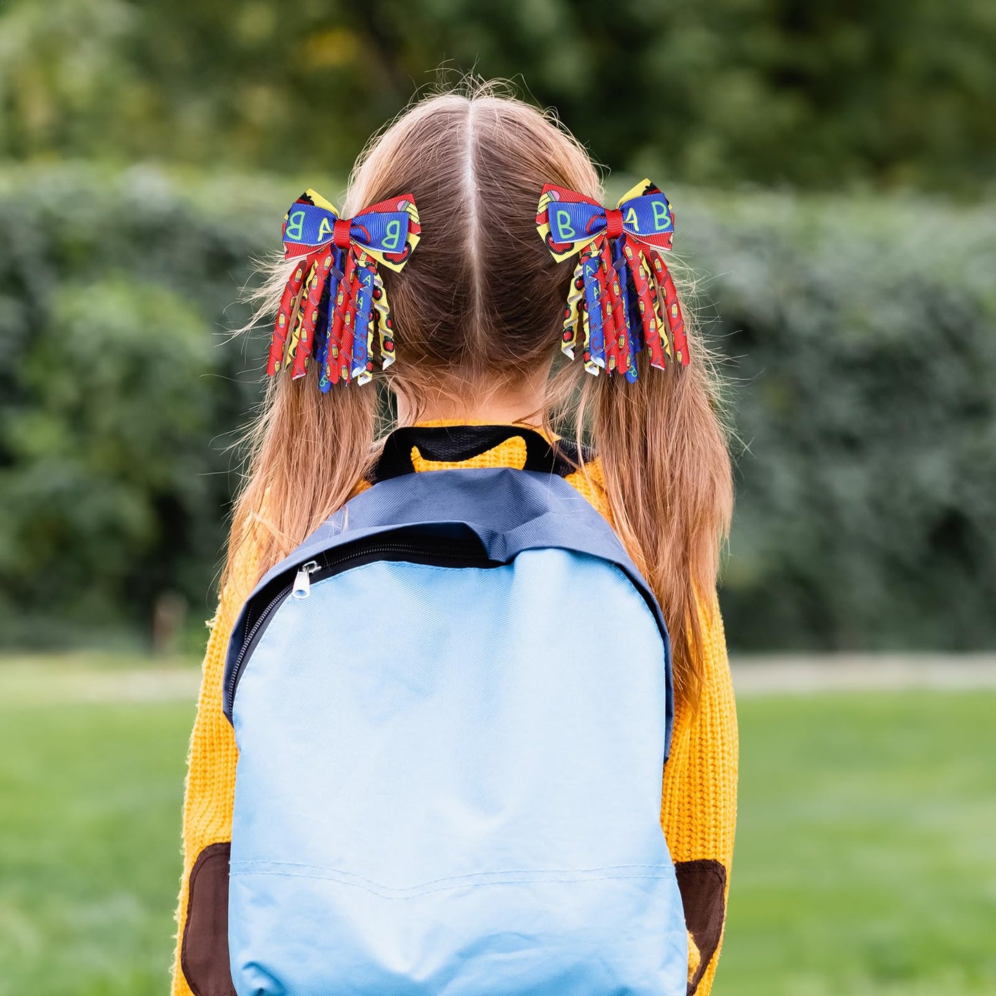 Back to School Hair Bow Clips 3 Inch Handmade Curly Ribbon Hairpins Boutique Lovely School Hair Accessories for Kids Girls, Red&Blue&Yellow