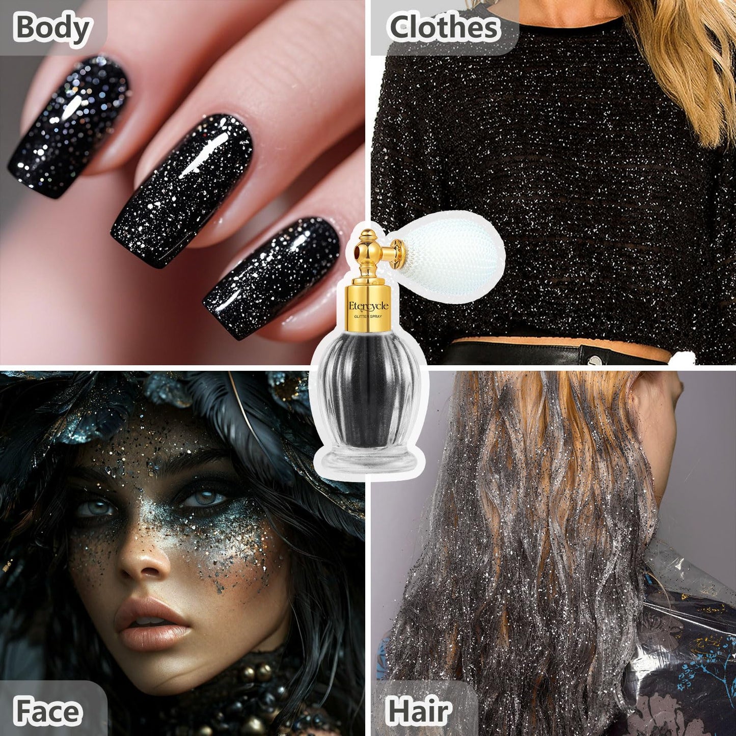 Etercycle Glitter Body Spray, Black Face Glitter for Women, Long-Lasting and Quick-Drying Shimmering Powder Extra Fine Glitter for Highlighter Makeup Festival Party Concert Rave Accessories