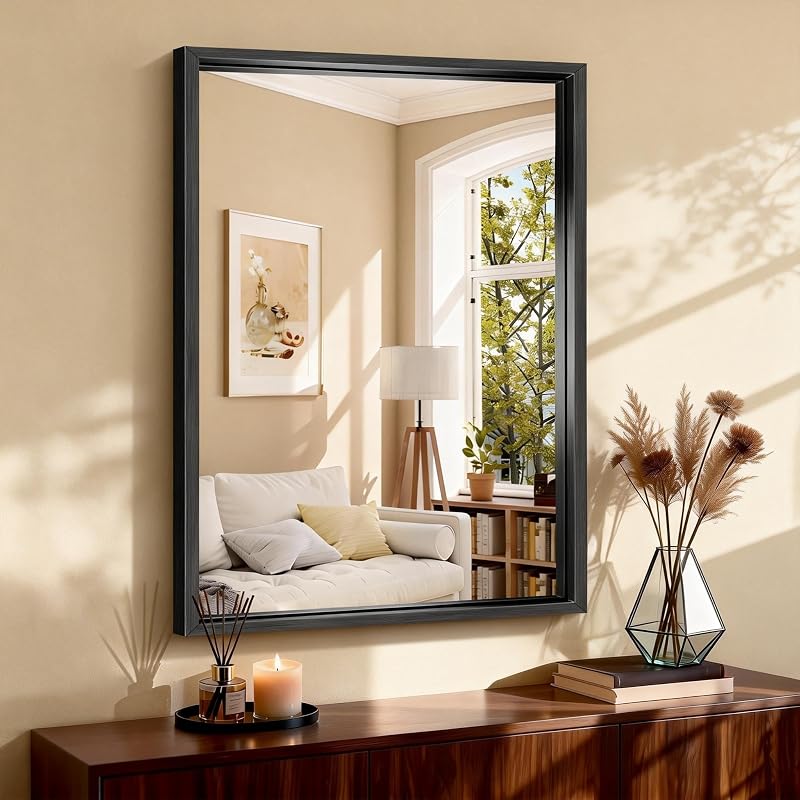 Circumi 30x42 Inch Brushed Black Rectangle Wall Mirror – Chunky Frame, Shatterproof Glass