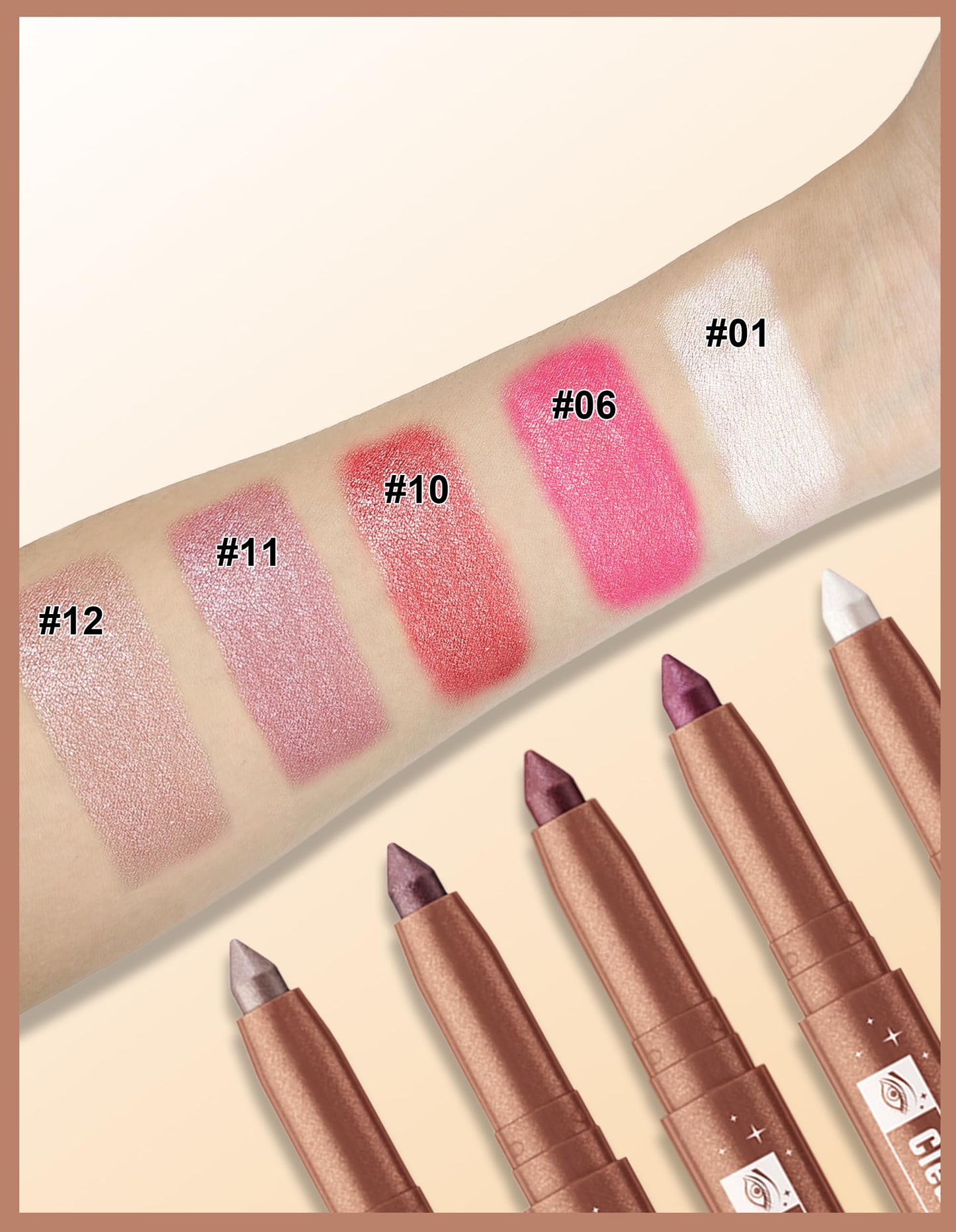 Erinde Cream Eyeshadow Stick, Metallic Eye Brightener Stick, Shimmer Creamy Eye Shadow Sticks with Built-in Sharpener, Long Lasting Waterproof Glitter Highlighter Eye Liner Pencil, 10