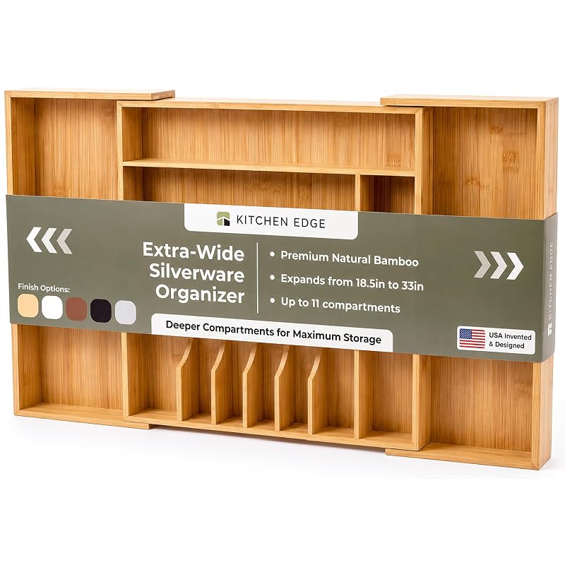 Adjustable Bamboo Silverware Drawer Organizer, 18.5"-33" Wide - KitchenEdge Natural