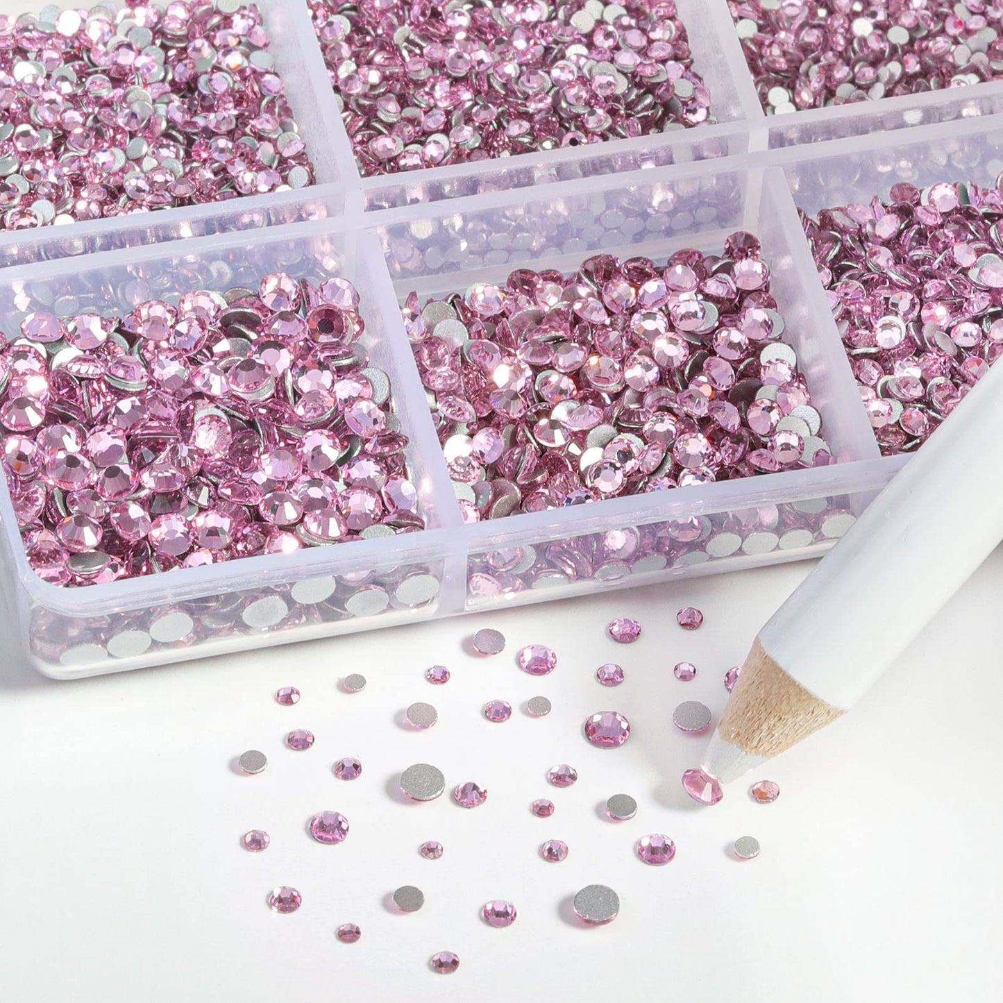 Beadsland 7200pcs Flatback Rhinestones, Pink Nail Gems Round Crystal Rhinestones for Crafts, Mixed 6 Sizes with Wax Pencil Kit, SS3-SS10, Light Rose/Light Pink