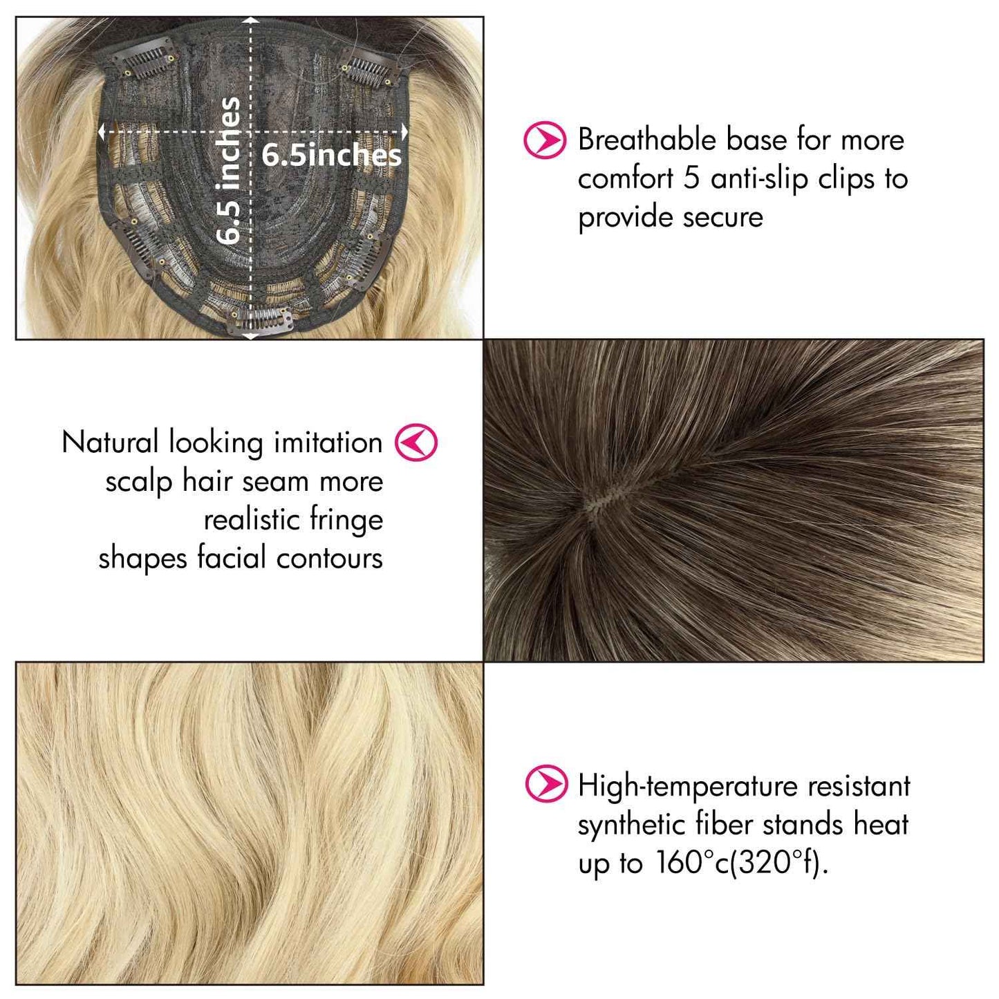 UAmy hair Toppers For Women with Thinning Hair 20inch Long Wavy Curly Hair Topper with Curtain Bangs 6.5 * 6.5inch Synthetic Wiglets HairTop Hairpieces(Champagne Mix Ash Blonde with Dark Roots)