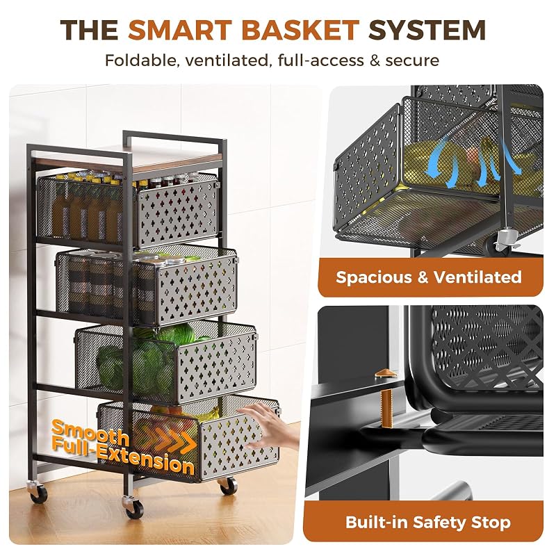 5-Tier Kitchen Storage Cart with Wheels, Wood Top & 4 Drawers – Black