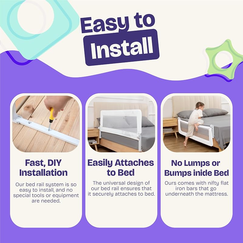 ComfyBumpy 55.5" Bed Rail for Toddlers, Swing-Down Guard for Twin–King Mattresses, White, 1-Pack