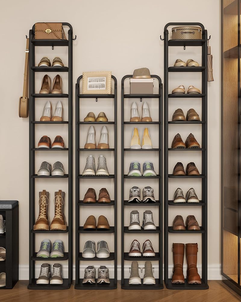 Vertical 10-Tier Shoe Rack Organizer – Free Standing 67.3" Tall, Black with 2 Side Hooks (Variation: Black+10 Tier)