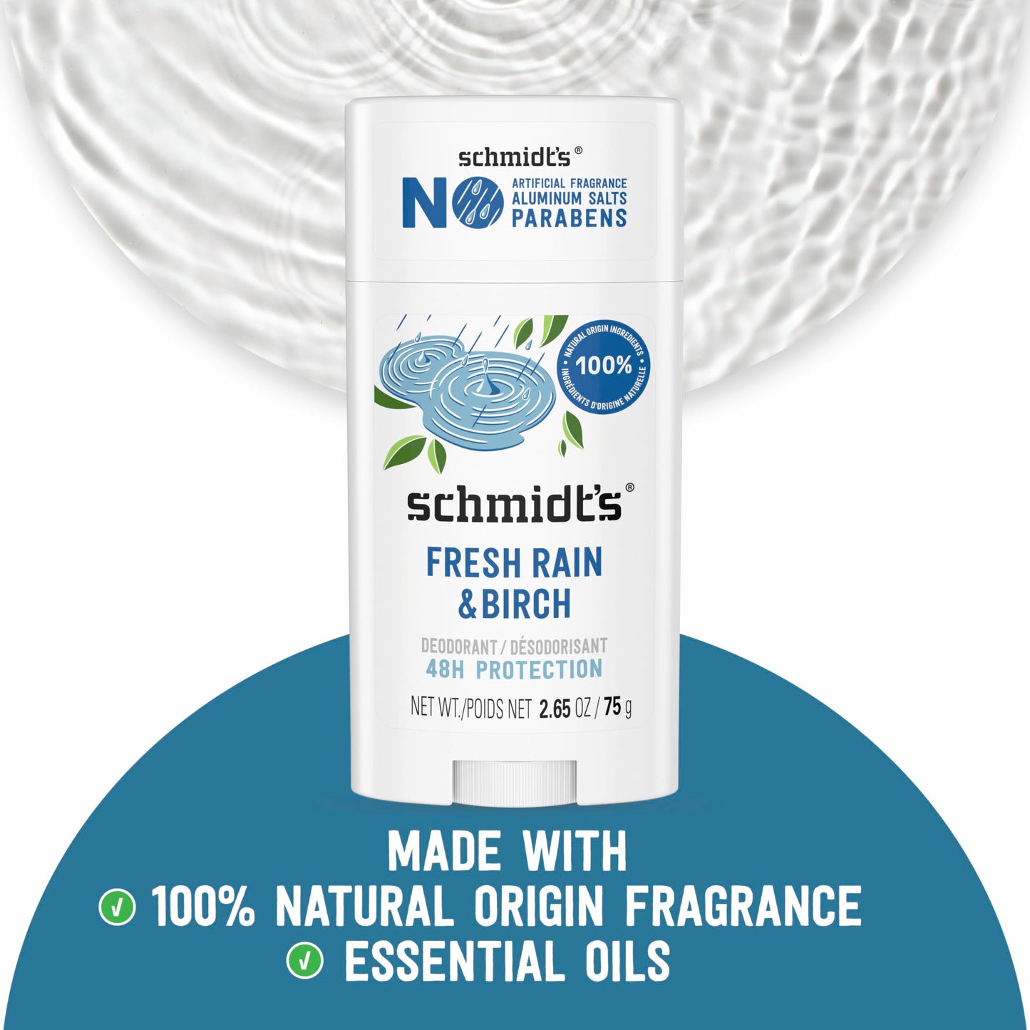 Schmidt's Aluminum-Free Vegan Deodorant Fresh Rain & Birch with 24 Hour Odor Protection, 2 Count for Women and Men, Natural Ingredients, Cruelty-Free, 2.65 oz