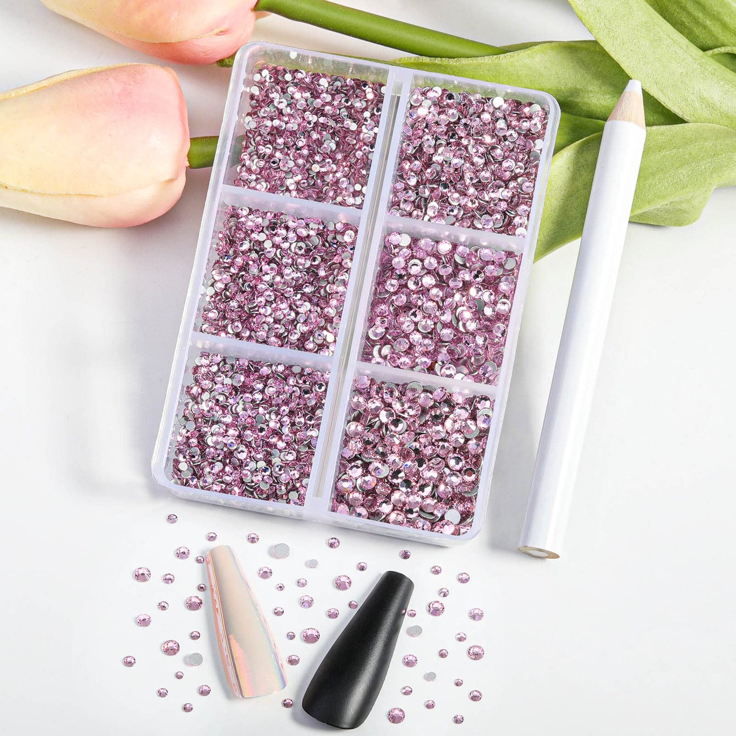 Beadsland 7200pcs Flatback Rhinestones, Pink Nail Gems Round Crystal Rhinestones for Crafts, Mixed 6 Sizes with Wax Pencil Kit, SS3-SS10, Light Rose/Light Pink