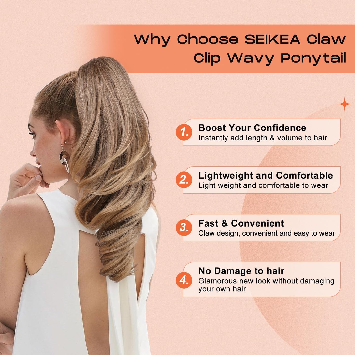 SEIKEA Ponytail Extension, 18" Wavy Claw Clip in Hair Extensions for Women, Lightweight Fluffy Synthetic Ponytail Hairpiece, Natural Soft & Easy to Wear, for Short & Medium Hair Choco-Brown/Highlight