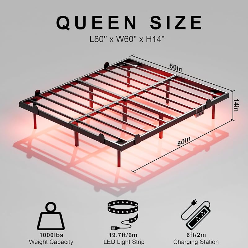 Floating Queen Bed Frame with LED Lights & Charging Station - 14" Variation