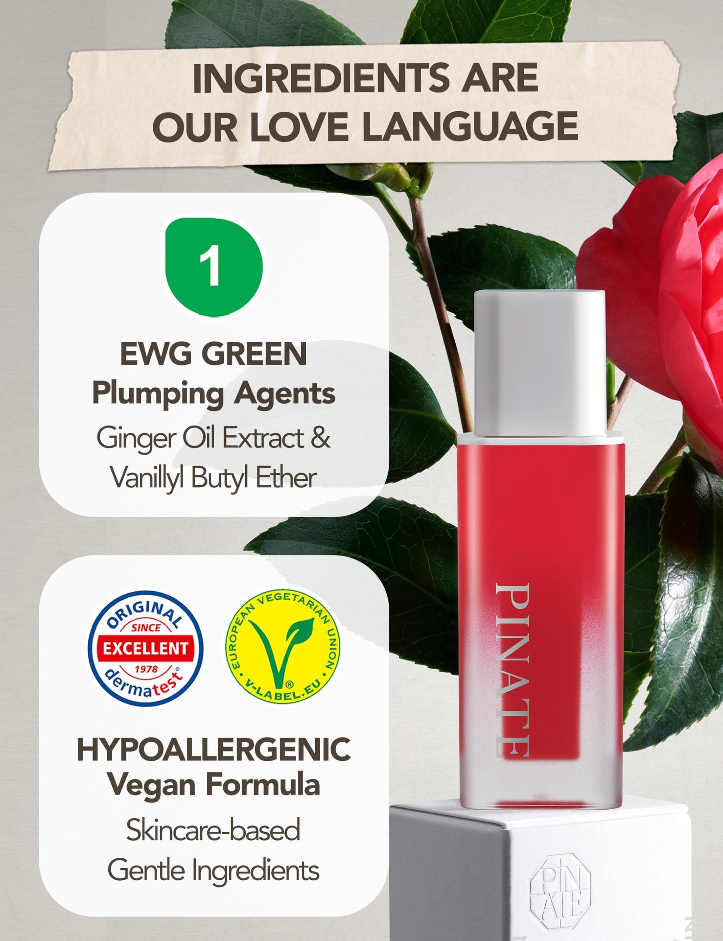 PINATE Natural Bloom Korean Lip Plumper Red Camelia | Moisturizing Lip Booster Plumping Oil Tint Serum Enriched w/Camellia & Safflower Serum| Non-Irritating Color Changing Lip Oil