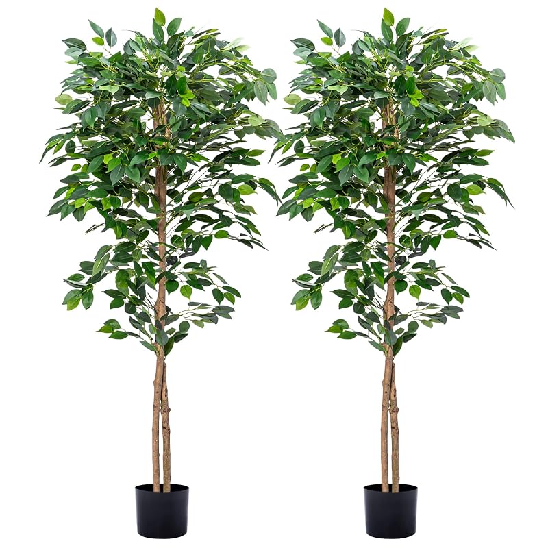 Artificial Ficus Tree 5FT - Realistic Leaves, Sturdy Nursery Pot, Indoor Outdoor Decor, 2-Pack