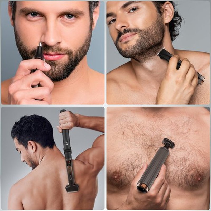 Hatteker Upgraded Mens Electric Back Shaver Body Grooming kit Body Trimmer Facial,Arm,Chin Beard Trimmer Cordless Hair Clipper with Adjustable Extension Handel Waterproof LED Display