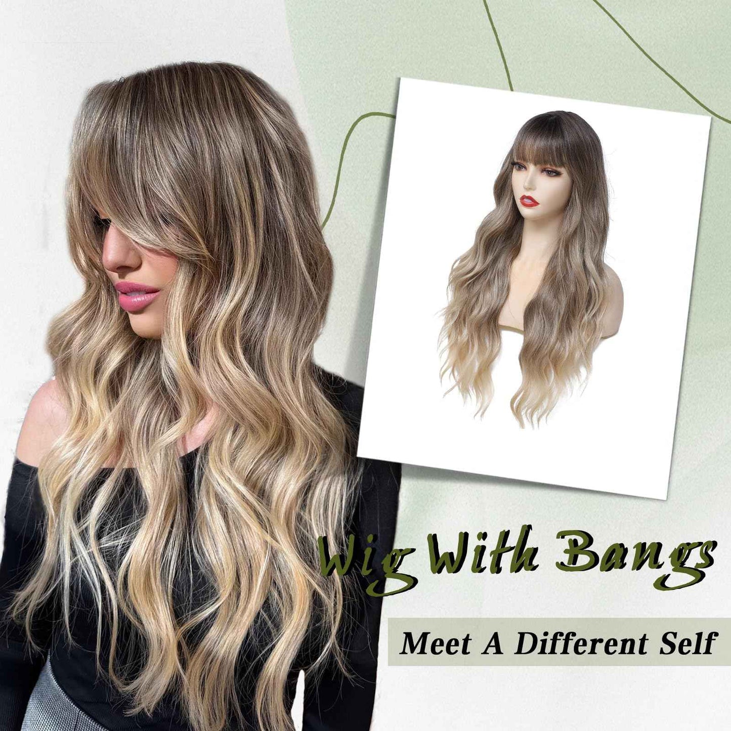 Long Ombre Blonde Wavy Wig With Bangs for Women 26 Inch Curly Wavy Wig With Bangs Natural Looking Synthetic Heat Resistant Fiber Wig for Daily Party Use