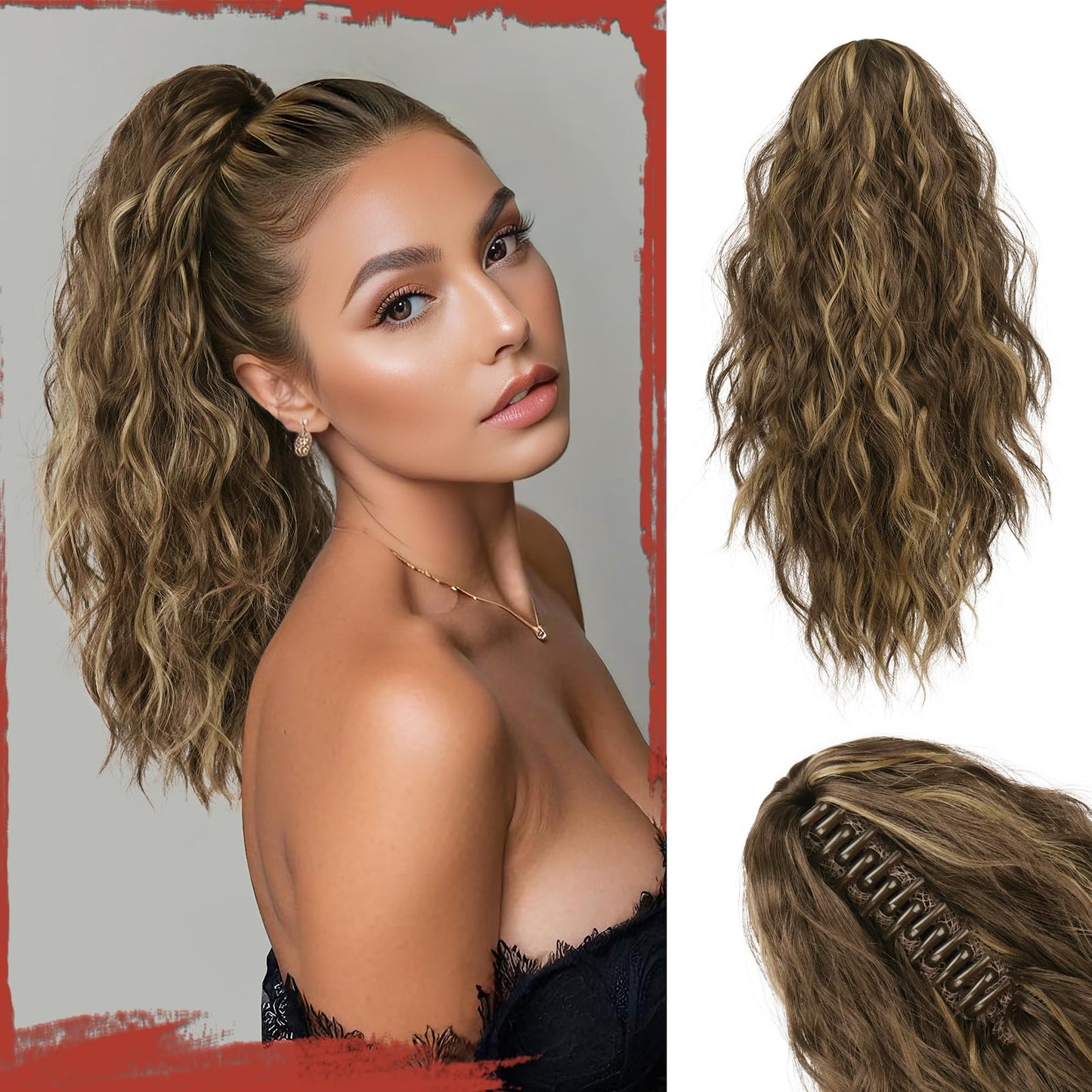 SOFEIYAN Ponytail Extension, 16 inch Claw Clip Ponytail Extension Wavy Curly Ponytails Synthetic Pony Tails Hair Extensions Natural Fake Hairpiece for Women - Honey Blonde Mixed Light Brown