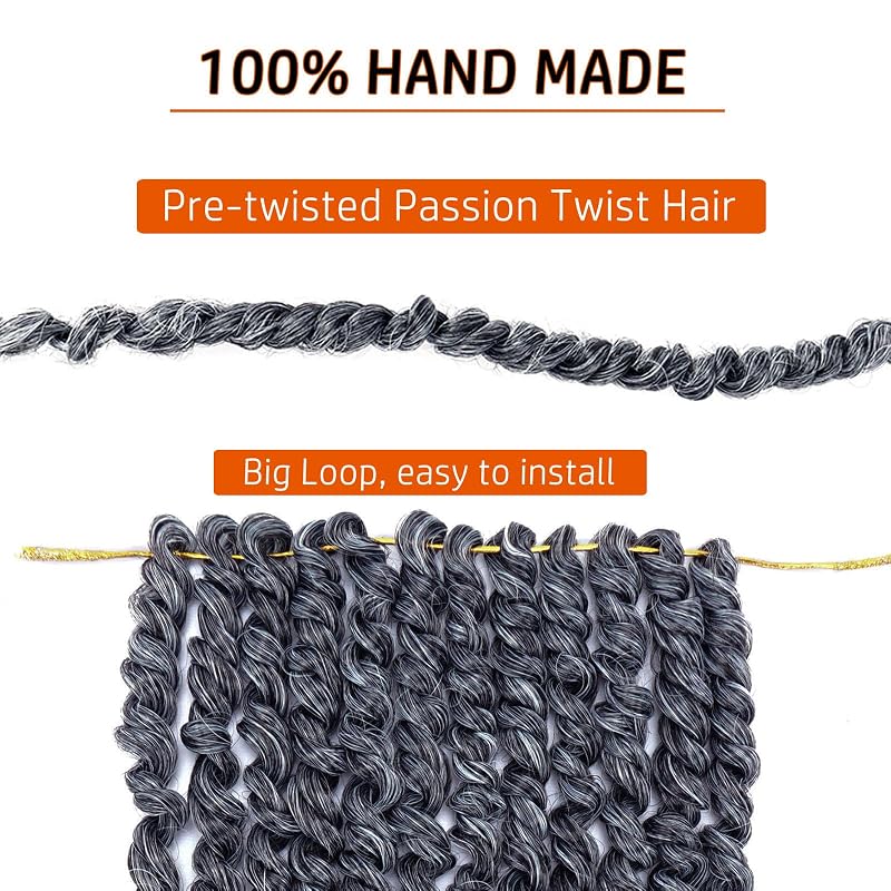 Pre-twisted Passion Twist Hair 10 Inch - 8 Pack, 1B/Gray, Crochet Braids, Pre-looped