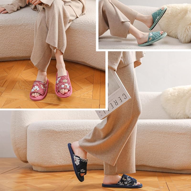 3 Pairs Floral Cotton Slippers for Women - Open Toe Indoor Spa Guests Travel (Variation: Solid Color Flower+7-8.5)