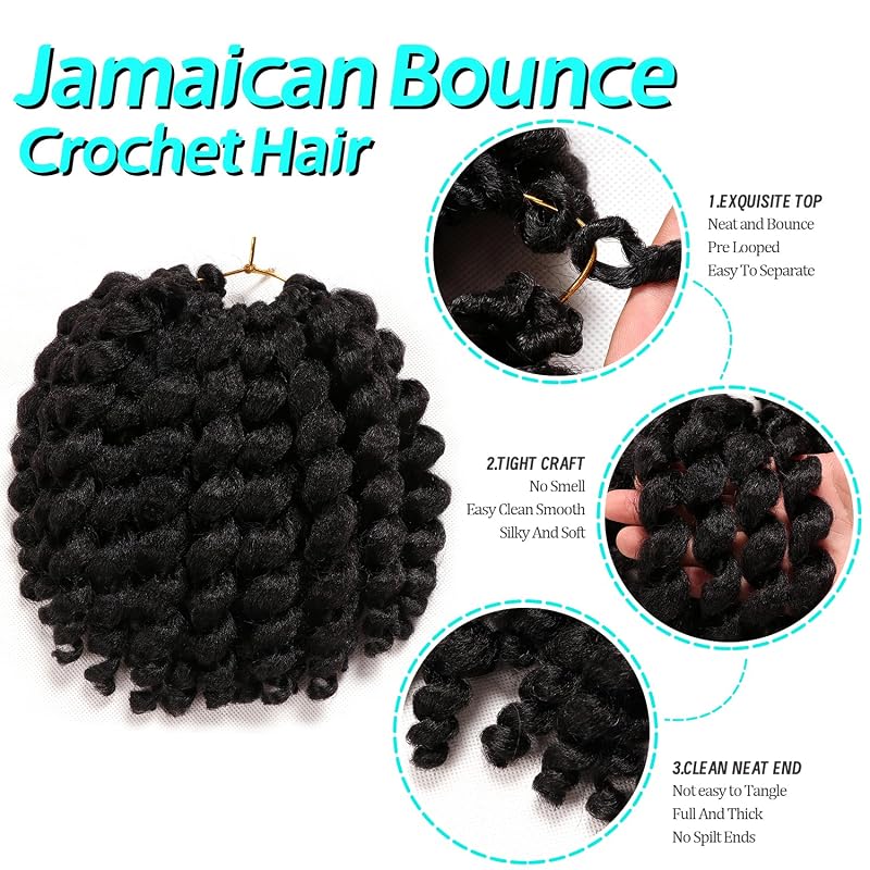 Jamaican Bounce 8 Inch Wand Curl Crochet Hair, 4 Packs, 22 Strands/Pack – 1B Variation Kenkenten