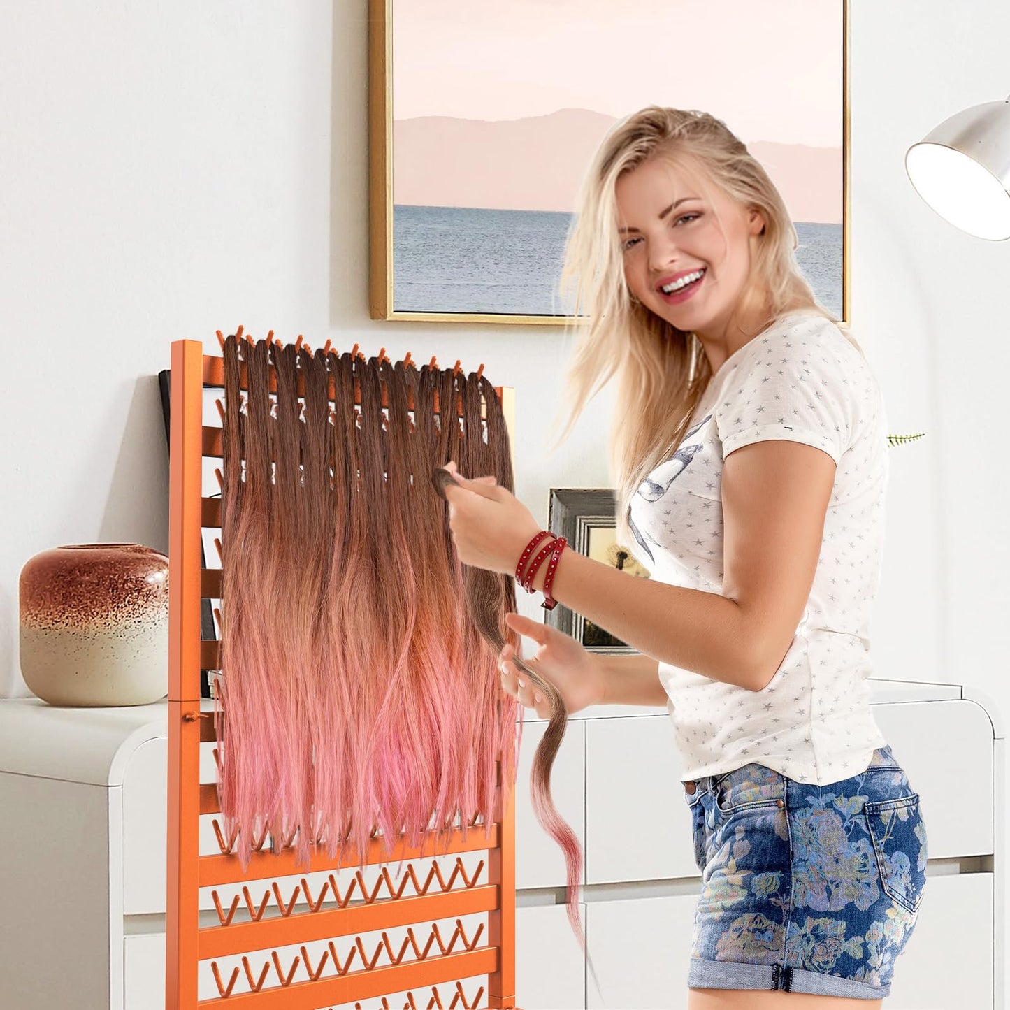foriy Braiding Hair Rack 300 Pegs Metal Hair Extension Holder 2-Sided Adjustable Hair Braid Tools Hair Separator Stand with Wheels Tangerine Yellow Standing Braid Rack for Hair Stylist