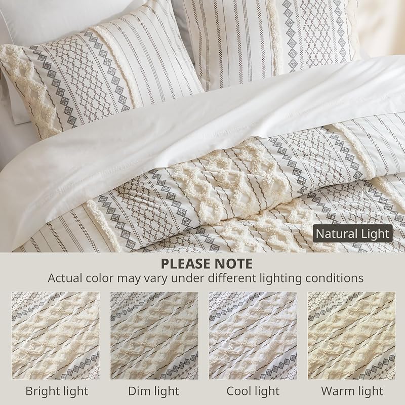 Imani King/Cal King Comforter Set for Bed – Ivory 3pc Cotton Chenille Tufted Boho, All-Season