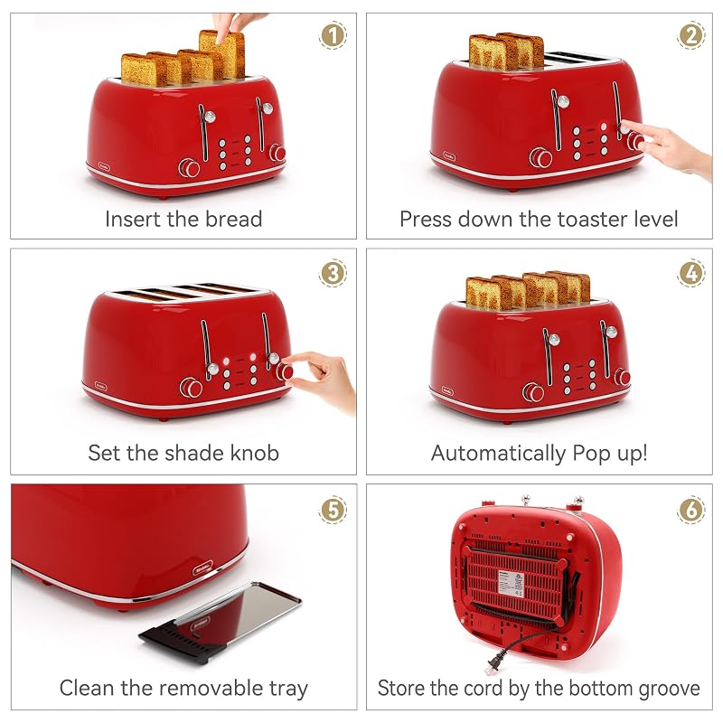 KITCHMIX 4-Slice Retro Toaster with 6 Shade Settings, 1.5" Wide Slots, Dual Controls, Red